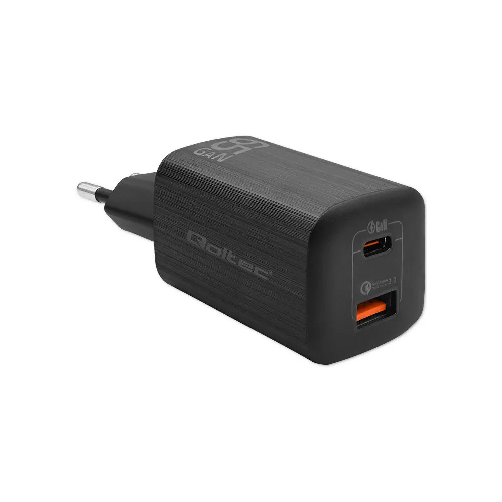 Ładowarka sieciowa Qoltec 65W GaN ULTRA 50766 - 5-20V, 2.25-3.25A, 1x USB-C PD, 1x USB-A QC 3.0, Czarna