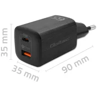 Ładowarka sieciowa Qoltec 65W GaN ULTRA 50766 - 5-20V, 2.25-3.25A, 1x USB-C PD, 1x USB-A QC 3.0, Czarna