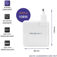 Ładowarka sieciowa Qoltec GaN FAST 108W 51710 - 5-20V, 3-4.7A, USB-C, Biała