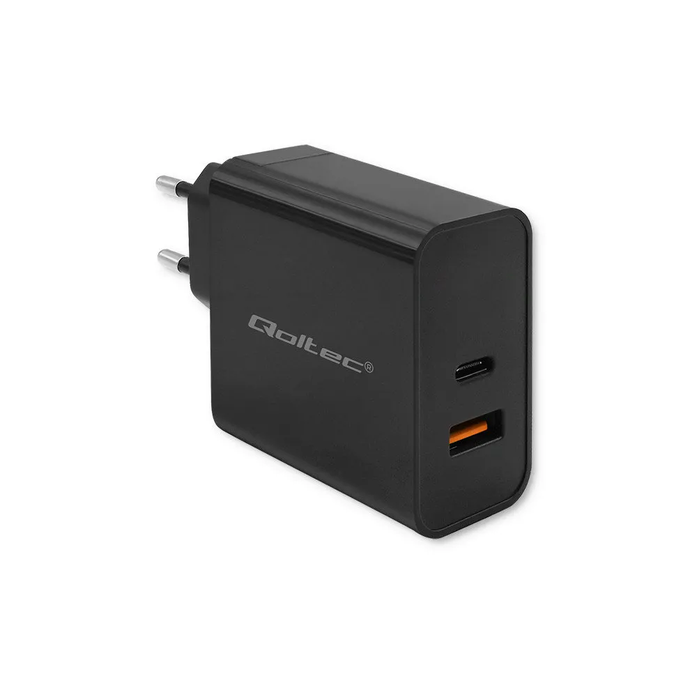 Ładowarka sieciowa Qoltec Super Quick PD 52381 - 1x USB-C, 1x USB-A, 90W, 5-20V, 2.4-4.35A, Czarna