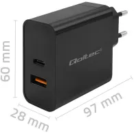 Ładowarka sieciowa Qoltec Super Quick PD 52381 - 1x USB-C, 1x USB-A, 90W, 5-20V, 2.4-4.35A, Czarna