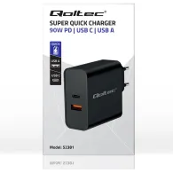 Ładowarka sieciowa Qoltec Super Quick PD 52381 - 1x USB-C, 1x USB-A, 90W, 5-20V, 2.4-4.35A, Czarna