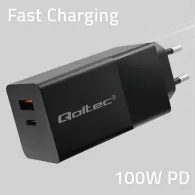 Ładowarka sieciowa Qoltec GaN POWER PRO 52382 - 1x USB-C, 1x USB-A, 100W, 5-20V, 1.5-5A, PD, Czarna
