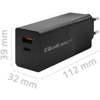 Ładowarka sieciowa Qoltec GaN POWER PRO 52382 - 1x USB-C, 1x USB-A, 100W, 5-20V, 1.5-5A, PD, Czarna