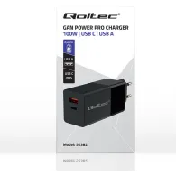 Ładowarka sieciowa Qoltec GaN POWER PRO 52382 - 1x USB-C, 1x USB-A, 100W, 5-20V, 1.5-5A, PD, Czarna