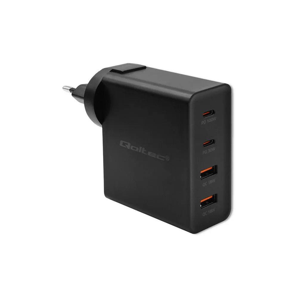 Ładowarka sieciowa Qoltec GaN POWER PRO 52383 - 130W, 2x USB-C, 2x USB-A, 5-20V, 1.5-5A, PD, Czarna