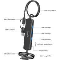 Przełącznik KVM Unitek USB 10Gbps KVM Hub U1344ABK01 - 2 urządzenia, 3x USB-A, Czarny