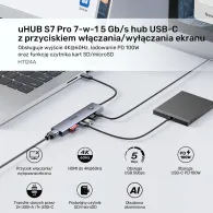 Hub USB Unitek USB-C 7w1 H1124AGY01 - 4K 60Hz, PD 100W, włącznik HDMI, Szary