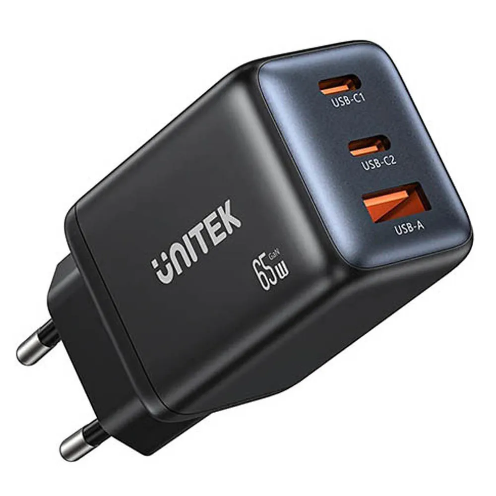 Ładowarka sieciowa Unitek Zeno 65W 3-Port GaN Wall Charger P1130ABK01-EU - 2x USB-C, 1x USB-A, Czarna