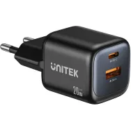 Ładowarka sieciowa Unitek Zeno 20W Dual-Port Gan Wall Charger P1128ABK01-EU - 1x USB-A, 1x USB-C, Czarna