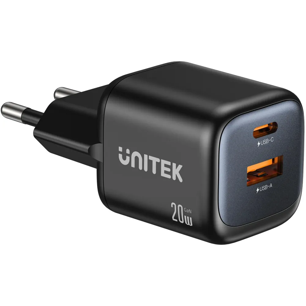Ładowarka sieciowa Unitek Zeno 20W Dual-Port Gan Wall Charger P1128ABK01-EU - 1x USB-A, 1x USB-C, Czarna