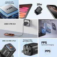 Ładowarka sieciowa Unitek Zeno 20W Dual-Port Gan Wall Charger P1128ABK01-EU - 1x USB-A, 1x USB-C, Czarna