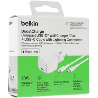 Ładowarka sieciowa Belkin BOOST Charge USB-C 30W WCA008KQ1MWH-B5 - 1x USB-C, kabel USB-C do Lightning, Biała