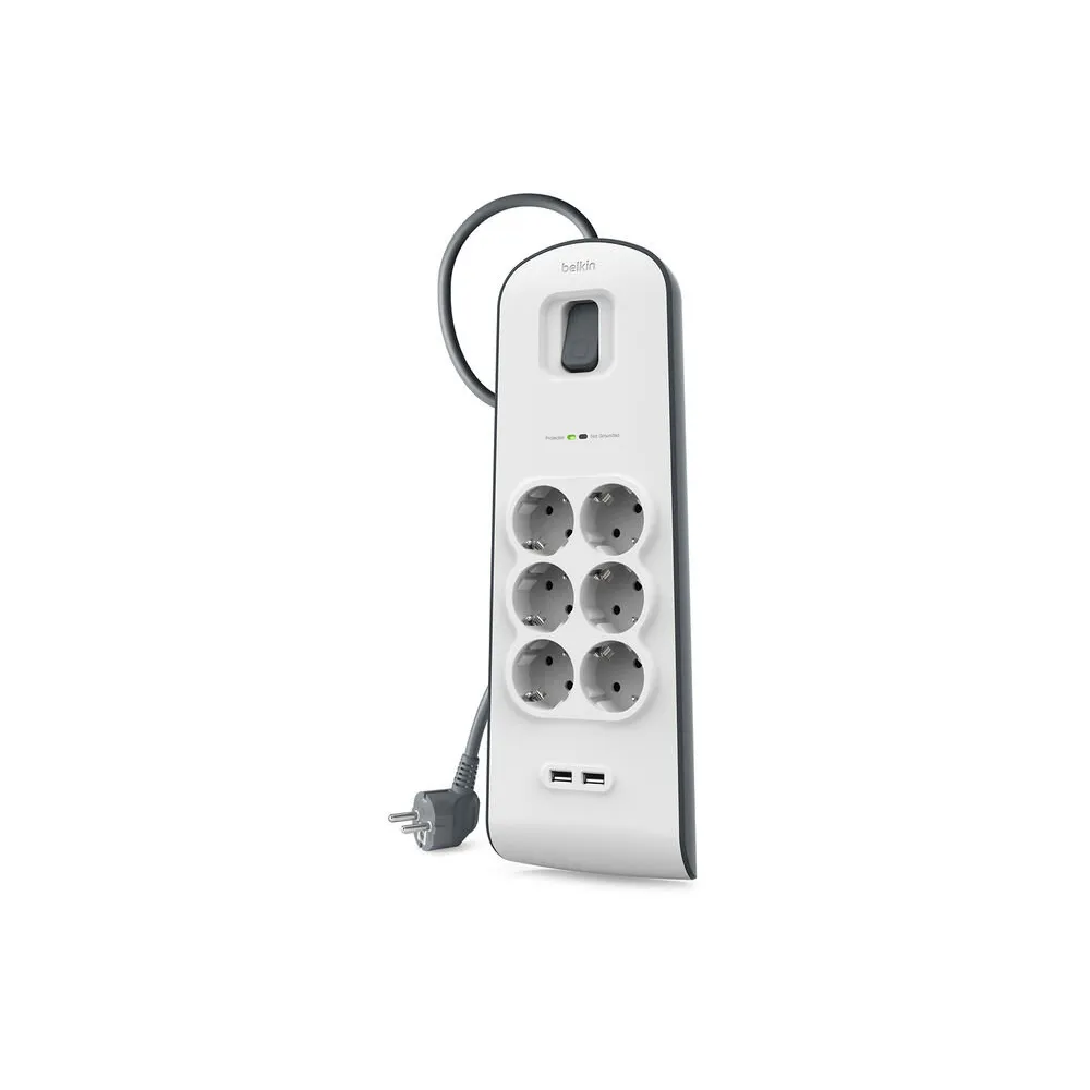 Listwa antyprzepięciowa Belkin 650J BSV604VF2M-V2 - 6 gniazd Schuko, 2x USB-A, 2 m, Szara
