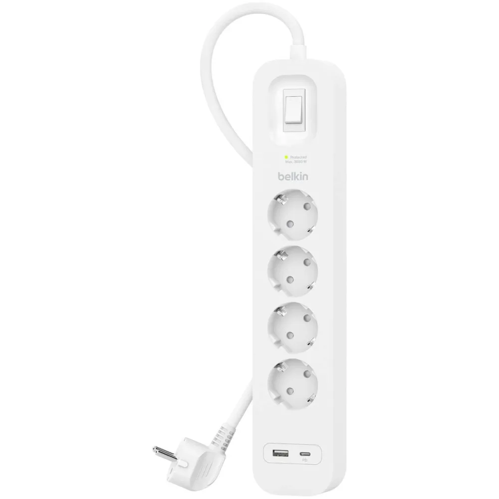Listwa antyprzepięciowa Belkin Surge Protector 525J SRB001VF2M-V2 - 4 gniazda Schuko, USB-A, USB-C PD, 2 m, Biała