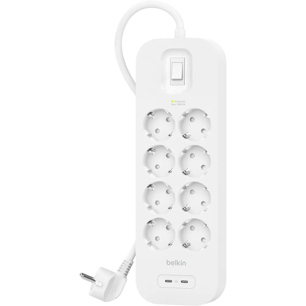 Listwa antyprzepięciowa Belki Surge Protector 900J SRB004VF2M-V2 - 8 gniazd Schuko, 2x USB-C 30W, 2 m, Biała