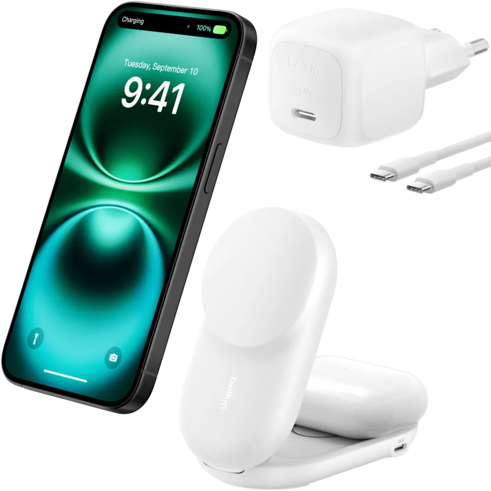 Ładowarka indukcyjna Belkin UltraCharge 2-in-1 Foldable Magnetic Charger with Qi2 25W WIZ039KQWH - Zasilacz 45W, Biała