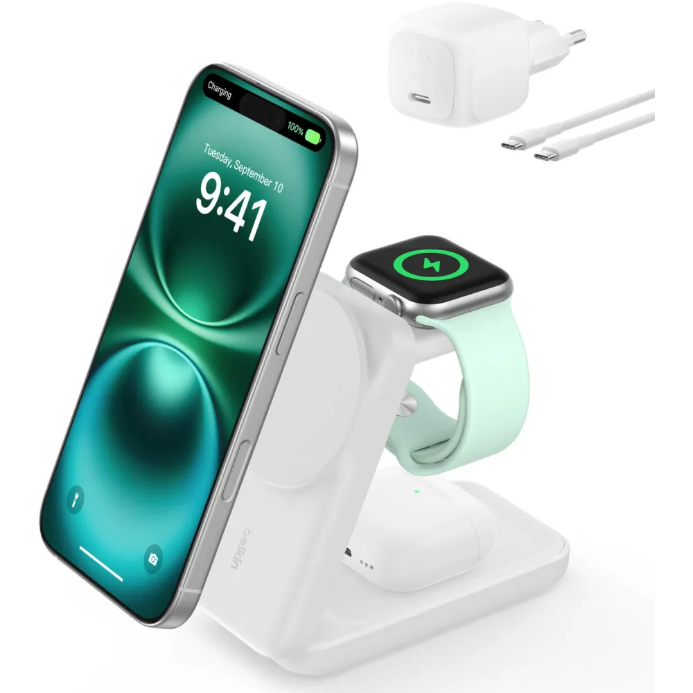 Ładowarka indukcyjna Belkin BoostCharge 3-in-1 Qi2 25W WIZ036KQWH - Zasilacz 45W, Biała
