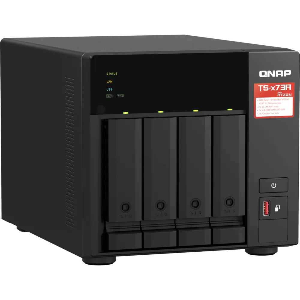 Serwer NAS QNAP Tower TS-473A-BFGI - Tower/AMD Ryzen V1500B/64 GB RAM/40 TB/2 TB cache/4 wnęki/2 x M.2/hot-swap