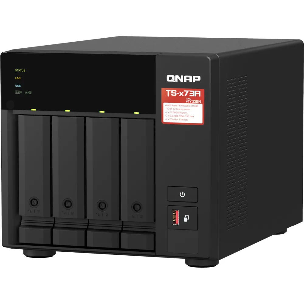 Serwer NAS QNAP Tower TS-473A-QON - Tower/AMD Ryzen V1500B/16 GB RAM/48 TB/1 TB cache/4 wnęki/2 x M.2/hot-swap - zdjęcie