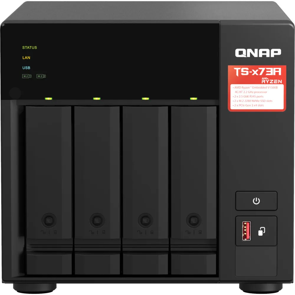 Serwer NAS QNAP Tower TS-473A-A5G, Tower, Ryzen V1500B, 64GB RAM, 24TB, 2TB cache, 4 wnęki, 2 x M.2, hot-swap | Sklep ITnes.pl, IT for BUSINESS