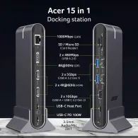 Stacja dokująca Acer USB-C Universal Docking Station 15-in-1 HP.DSCAB.022 - 3x USB-C, 5x USB-A, DP, 2x HDMI, RJ-45, SD|microSD