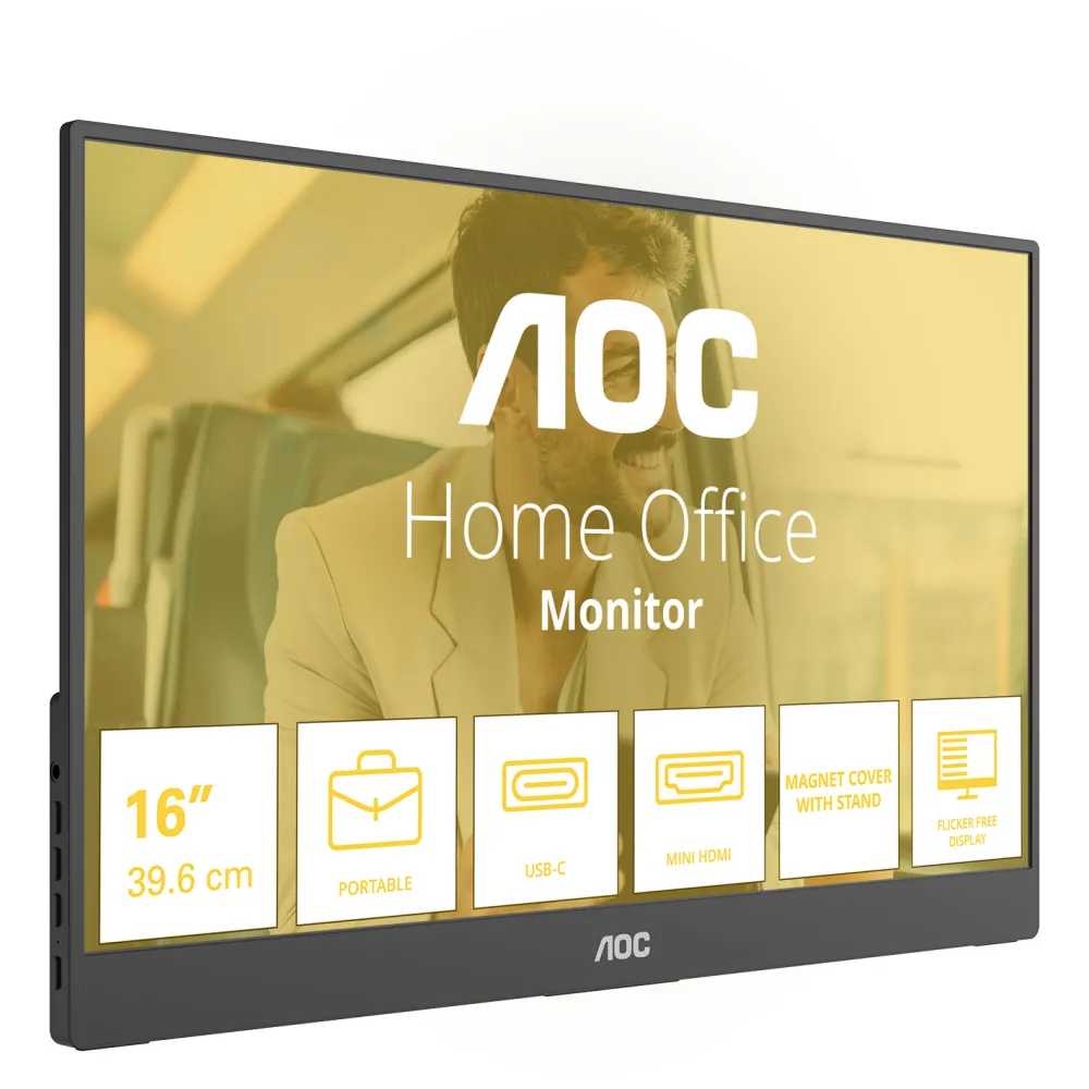 Zdjęcie produktu Monitor AOC 16T20E2 - 15,6"/1920x1080 (Full HD)/60Hz/IPS/4 ms/Czarny