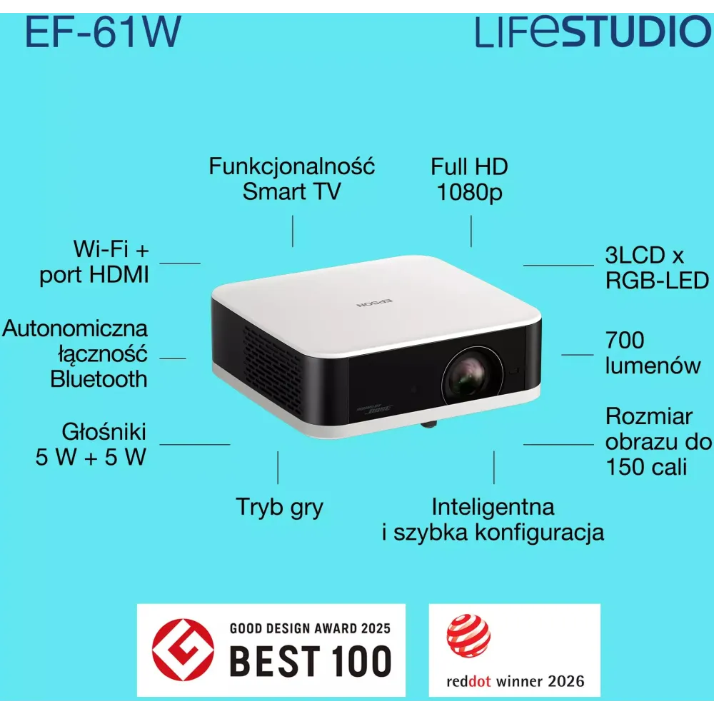 Projektor Epson Lifestudio Pop EF-61W V11HB72040 - FHD, 700 lumenów, 5m:1, 1.6kg, Google TV, Biały