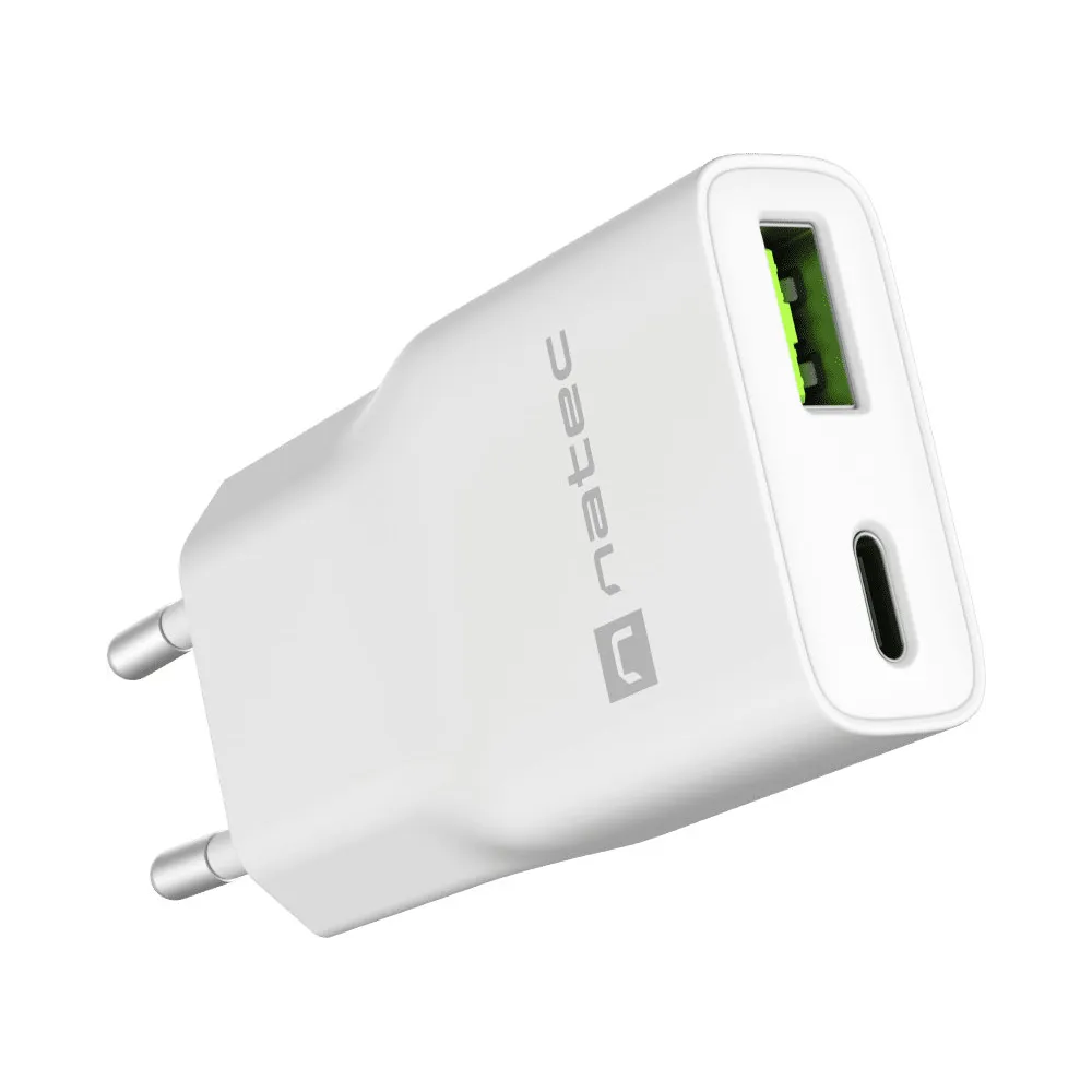 Ładowarka sieciowa Natec Ribera GaN Slim 20W NUC-2376 - 1x USB-C, 1x USB-A, Biała