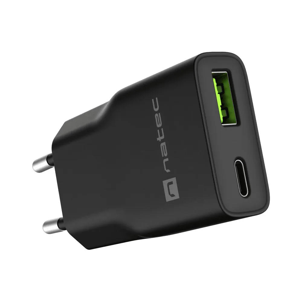 Ładowarka sieciowa Natec Ribera GaN Slim 20W NUC-2377 - 1x USB-C, 1x USB-A, Czarna