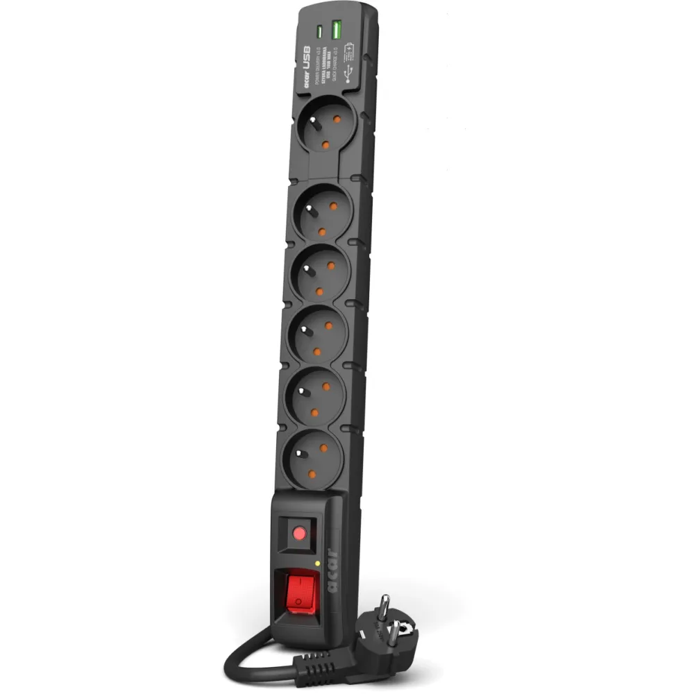 Listwa antyprzepięciowa Acar S6 USB A+C W2436 - 6 gniazd/1,5 m/Czarna
