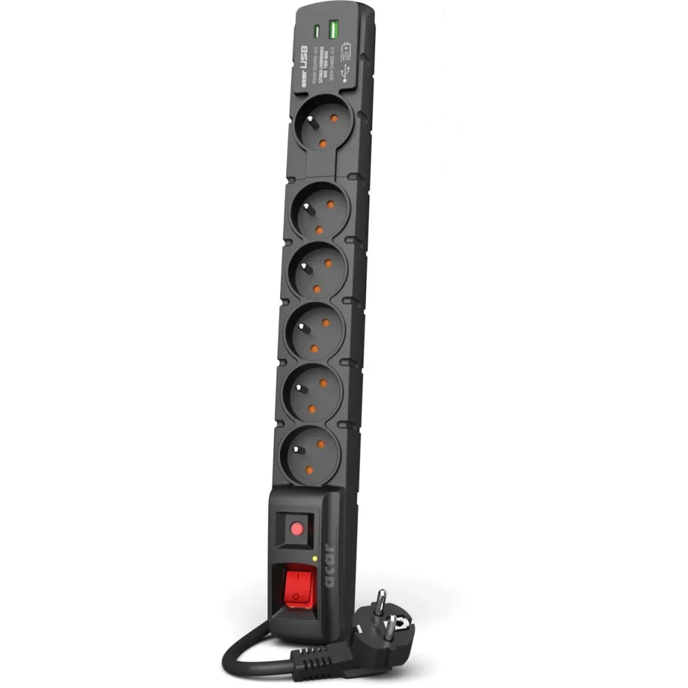 Listwa antyprzepięciowa Acar S6 USB A+C W2438 - USB-C/USB-A/6 gniazd/5 m/Czarna