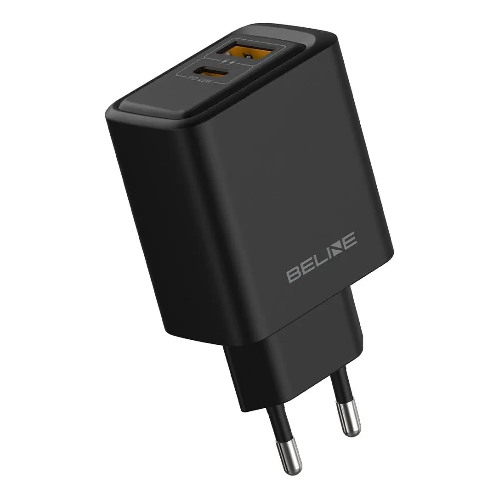 Ładowarka sieciowa Beline 45W GaN BLN2CB45 - 1x USB-C, 1x USB-A, PD 3.0, QC 3.0, bez kabla, Czarna
