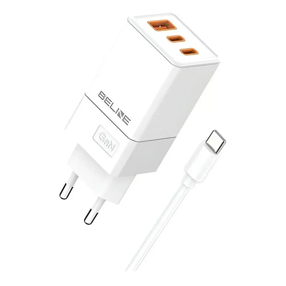 Ładowarka sieciowa Beline 65W GaN BELI02751 - 2x USB-C, USB-A, Kabel USB-C, Biała
