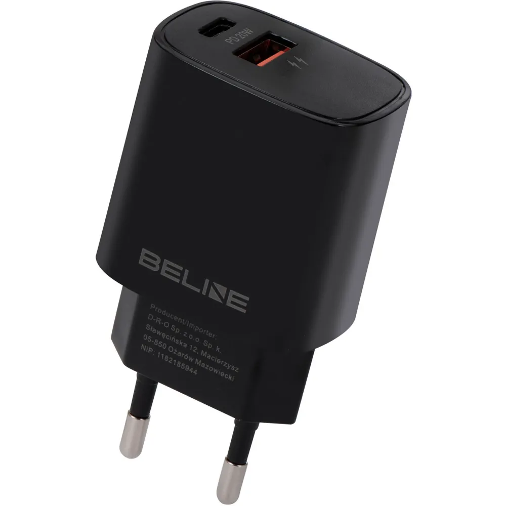 Ładowarka sieciowa Beline 20W BLN2CB20 - 1x USB-C, 1x USB-A, PD 3.0, QC 3.0, Bez kabla, Czarna