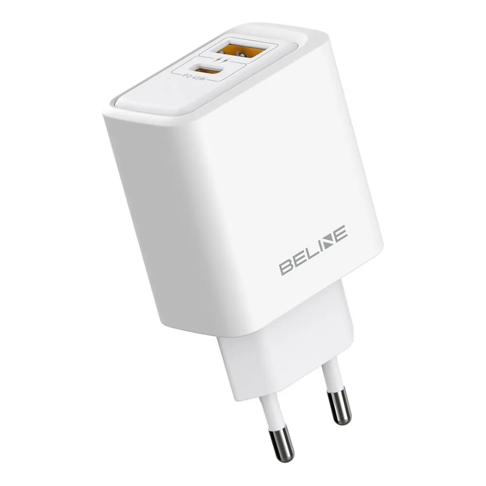 Ładowarka sieciowa Beline 45W GaN BLN2CW45 - 1x USB-C, 1x USB-A, PD 3.0, QC 3.0, Bez kabla, Biała