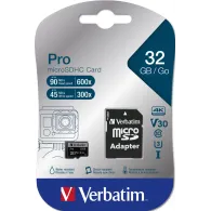 Karta pamięci Verbatim Pro U3 MicroSDHC 32 GB + adapter SD 47041 - Class 10 UHS-I|U1, Czarna