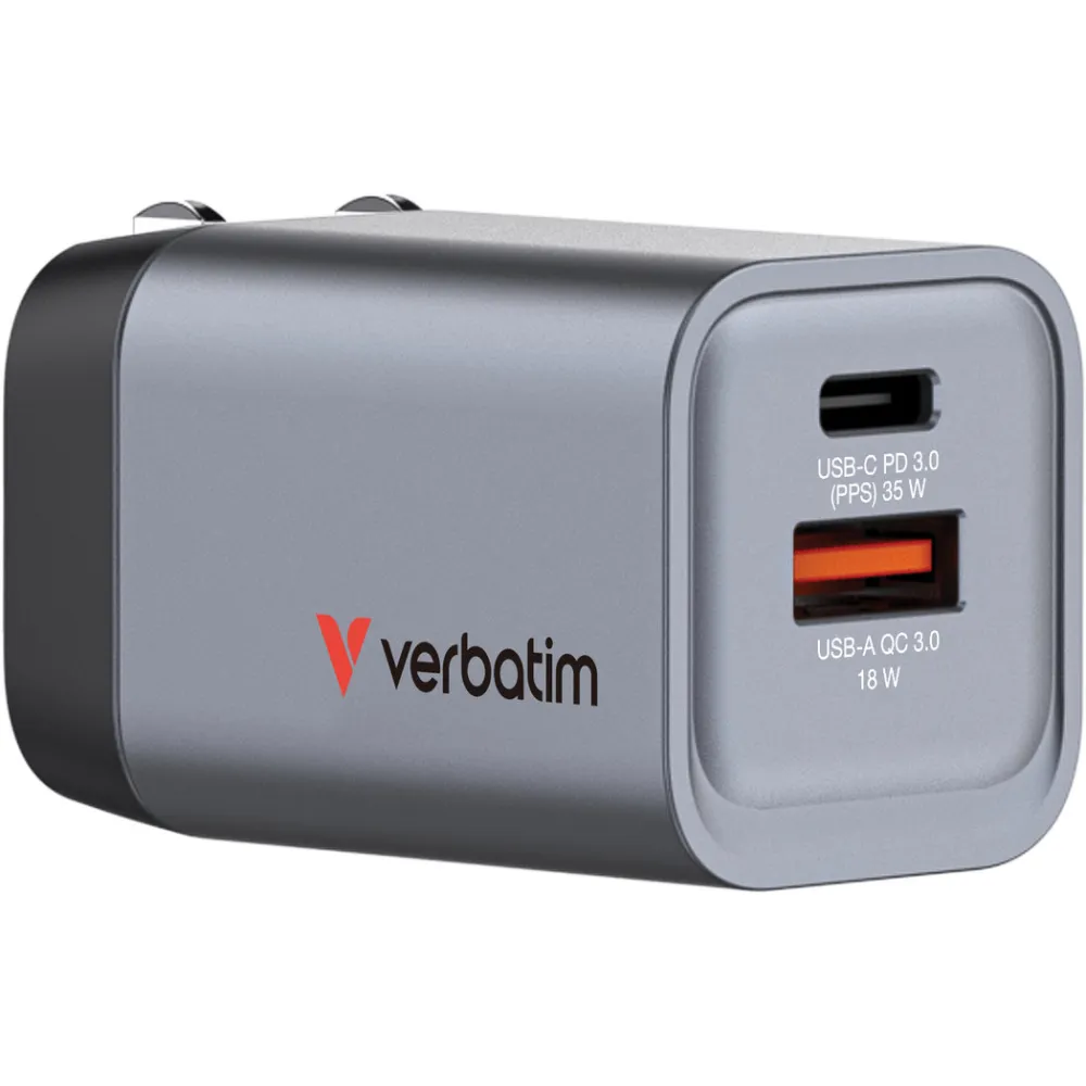 Ładowarka sieciowa Verbatim GNC-35 GaN Charger 35W 32200 - 1x USB-C, 1x USB-A, Szara