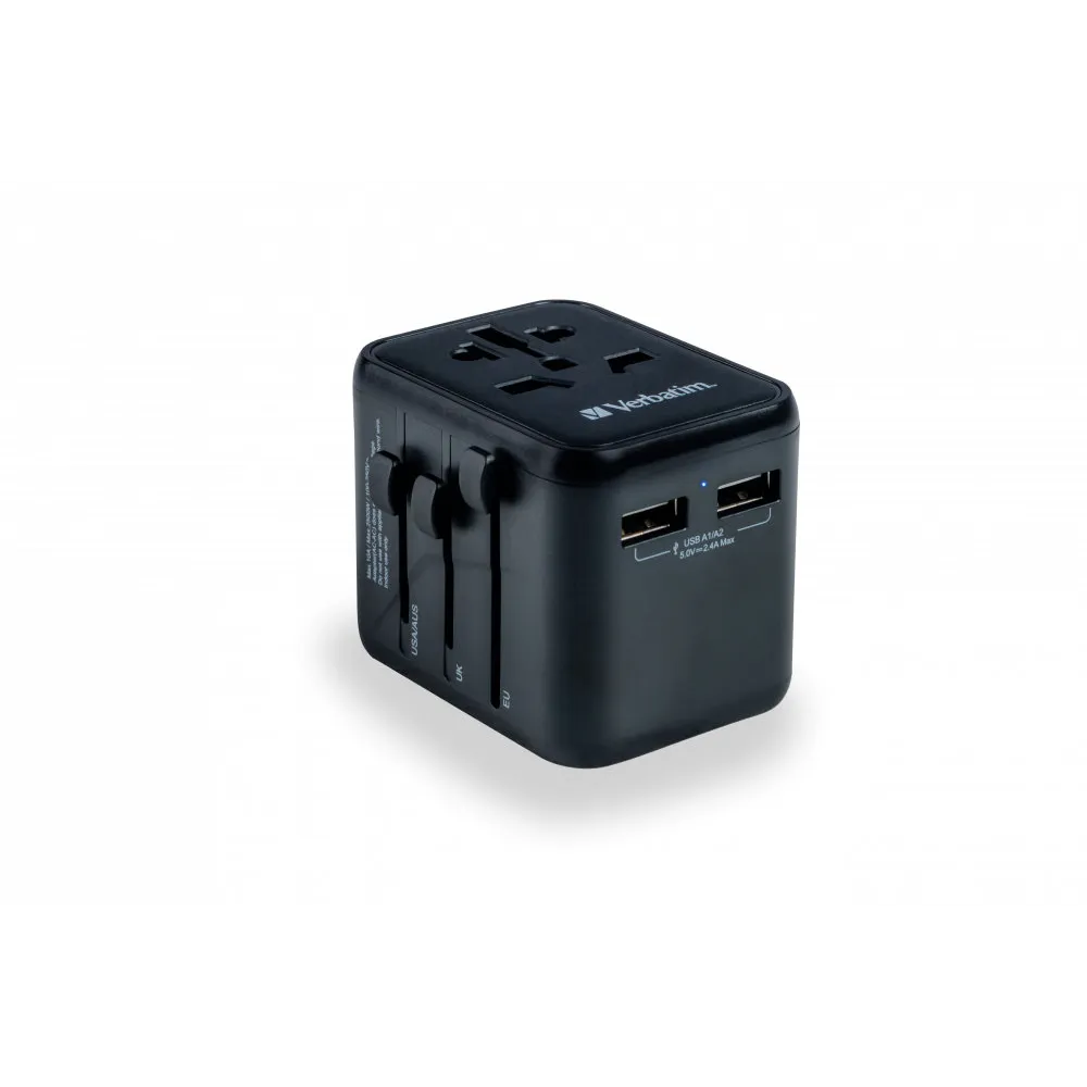 Ładowarka podróżna Verbatim UTA-01 49543 - 100-250V EU, USA, Japonia, Australia, UK, 2x USB-A, Czarna