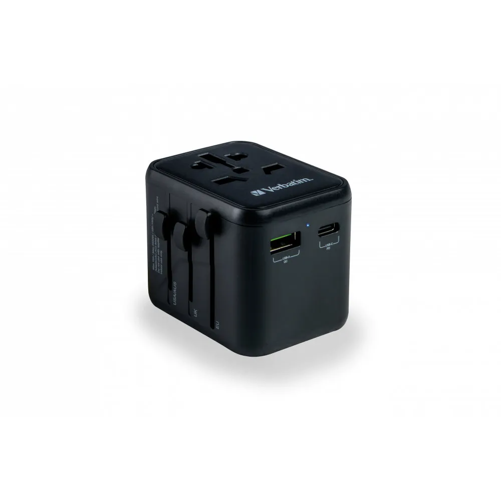 Ładowarka podróżna Verbatim UTA-02 49544 - 100-250V EU, USA, Japonia, Australia, UK, 1x USB-A, 1x USB-C, Czarna