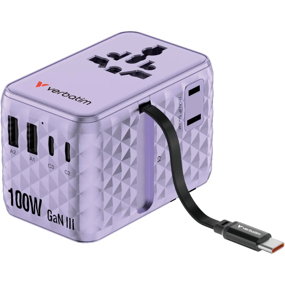Ładowarka podróżna Verbatim Charge 'n' Travel 100W GaN III 30193 - 2x USB-C, 2x USB-A, Fioletowa
