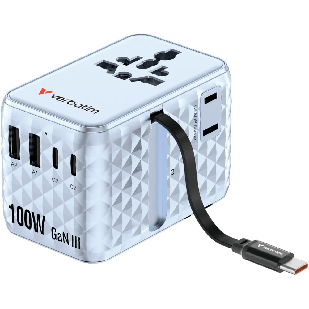 Ładowarka podróżna Verbatim Charge 'n' Travel 100W GaN III 30192 - 2x USB-C, 2x USB-A, Niebieska