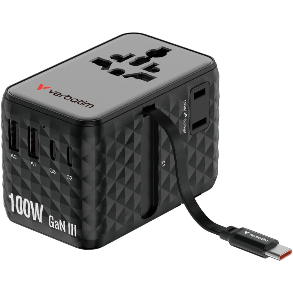Ładowarka podróżna Verbatim Charge 'n' Travel 100W GaN III 30191 - 2x USB-C, 2x USB-A, Czarna