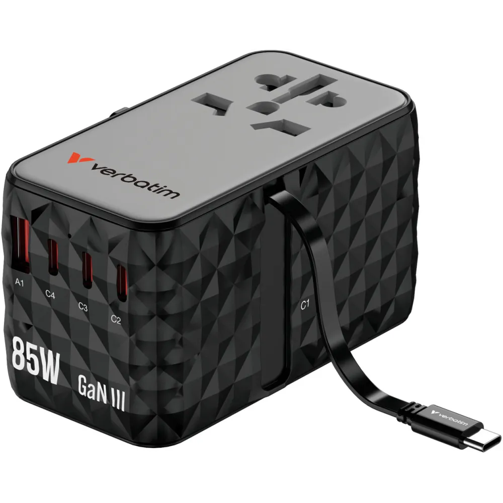 Ładowarka podróżna Verbatim Charge 'n' Travel 85W GaN III 32127 - 3x USB-C, 1x USB-A, Czarna