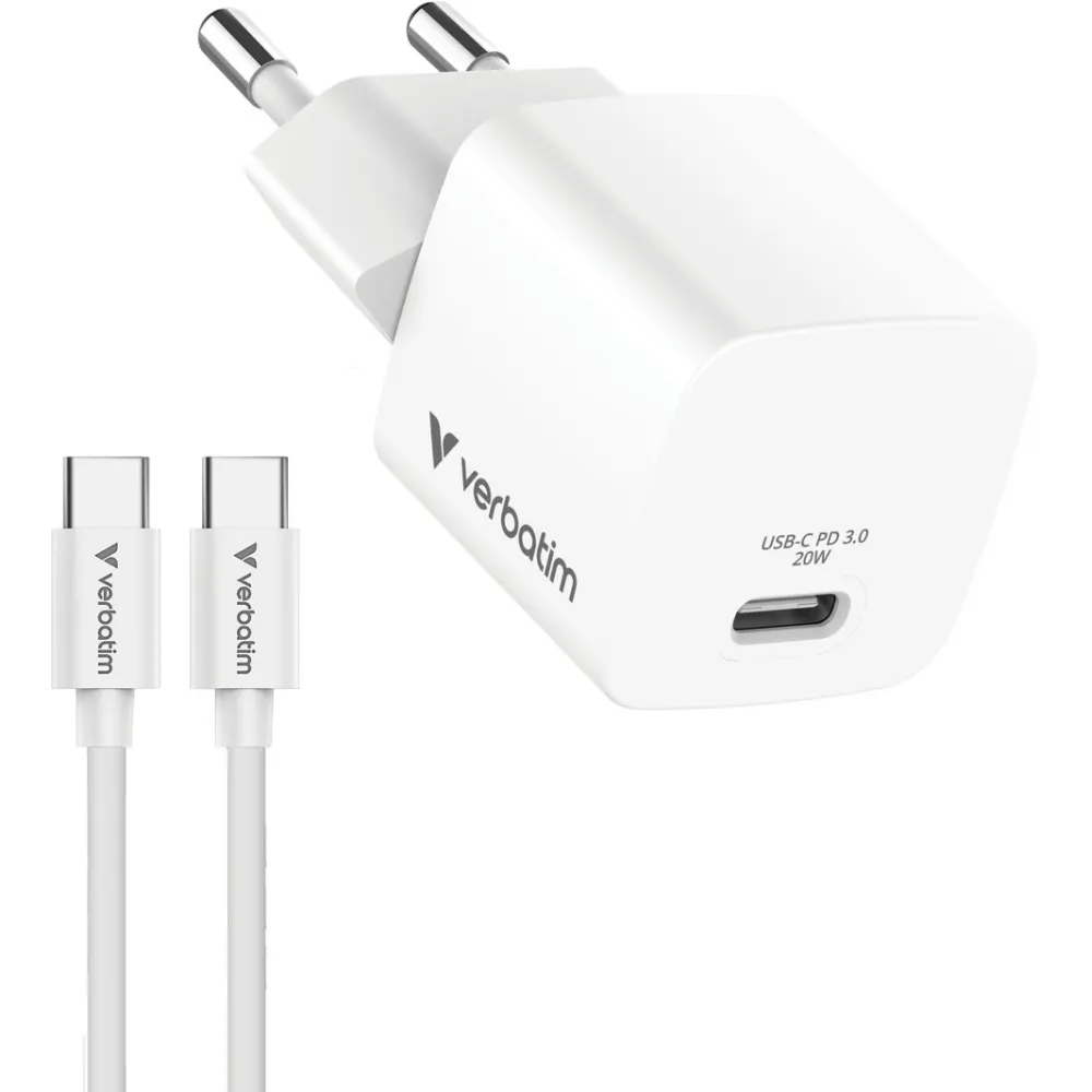 Ładowarka sieciowa Verbatim Mini GaN Charger 20W 32396 - 1x USB-C, kabel USB-C, Biała