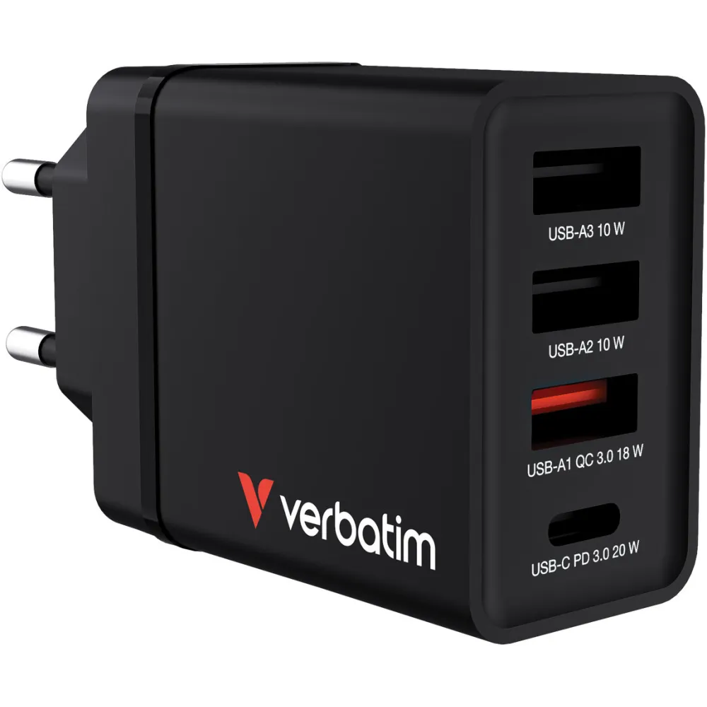 Ładowarka sieciowa Verbatim 4w1 GaN Charger 30W 49700 - 1x USB-C, 3x USB-A, Czarna