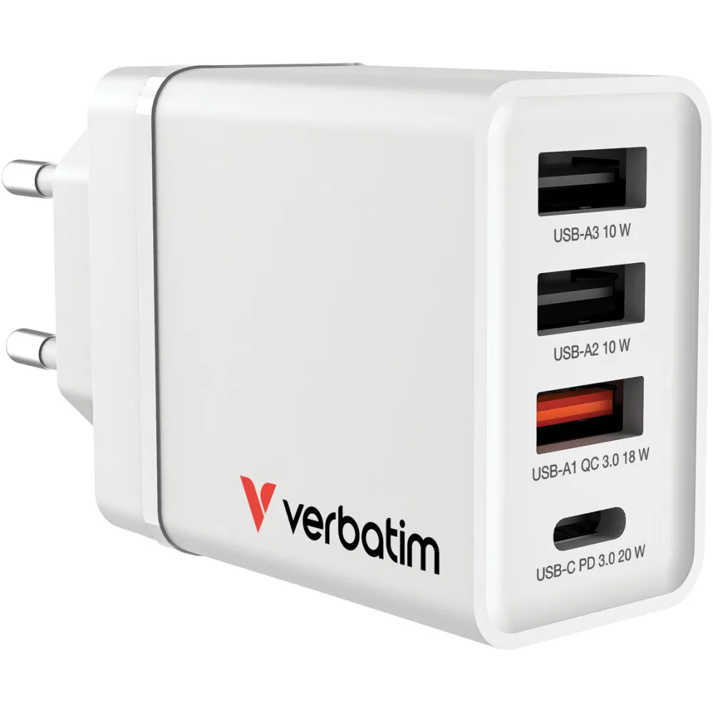 Ładowarka sieciowa Verbatim 4w1 GaN Charger 30W 49701 - 1x USB-C, 3x USB-A, Biała