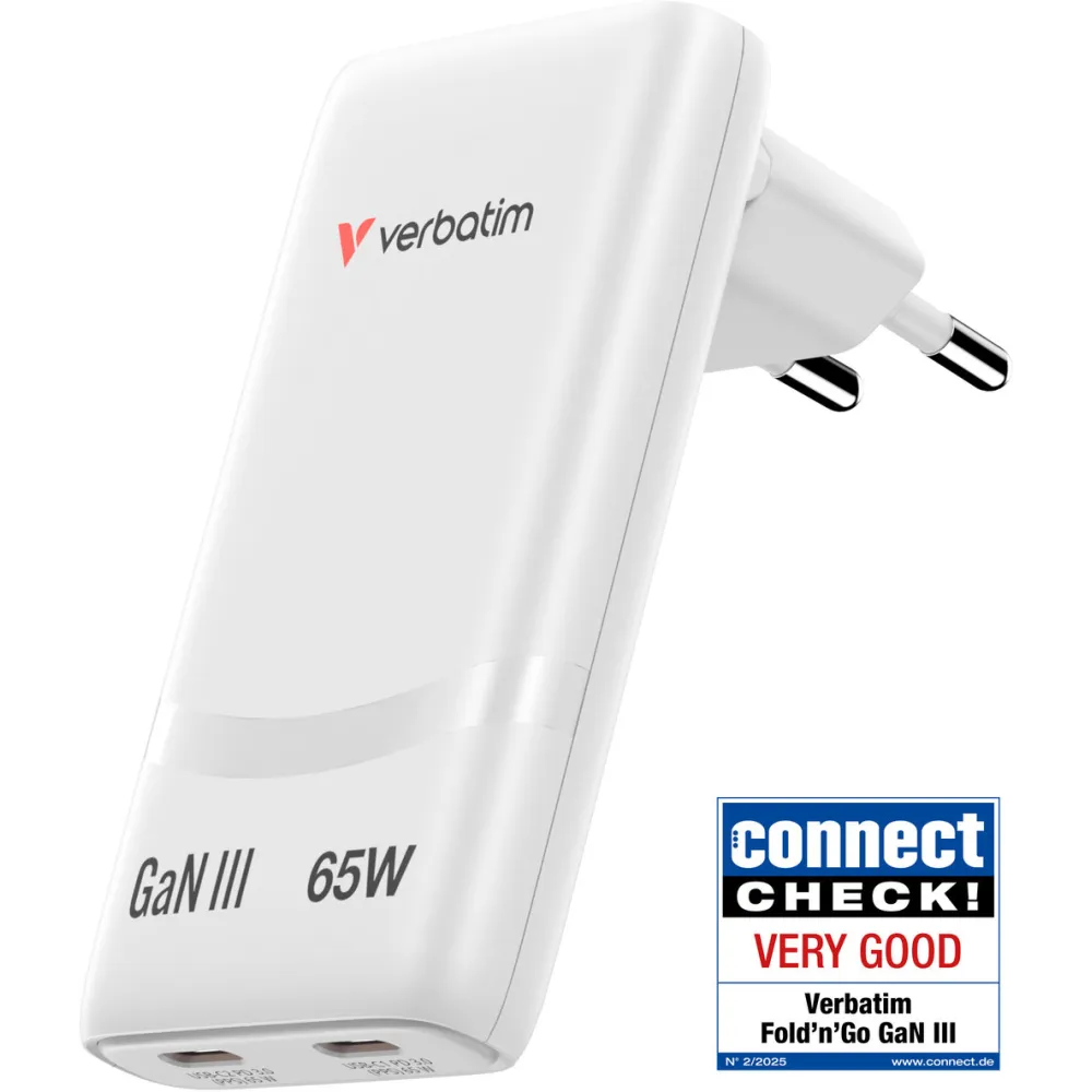 Ładowarka sieciowa Verbatim GaN Fold'n'Go 65W 32355 - 2x USB-C, PD 3.0, Biała