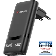 Ładowarka sieciowa Verbatim GaN Fold'n'Go 65W ANVE32354PLG - 2x USB-C, PD 3.0, Czarna