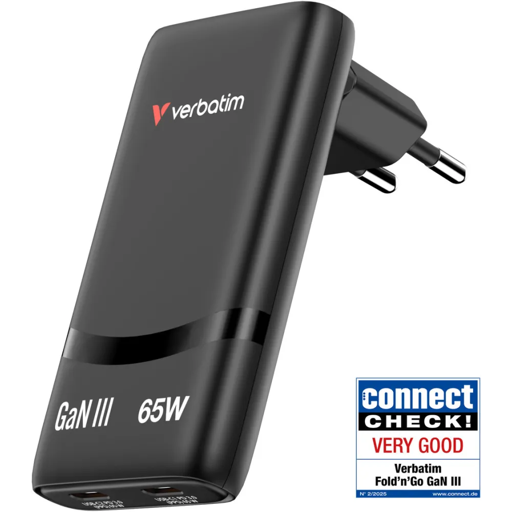 Ładowarka sieciowa Verbatim GaN Fold'n'Go 65W ANVE32354PLG - 2x USB-C, PD 3.0, Czarna